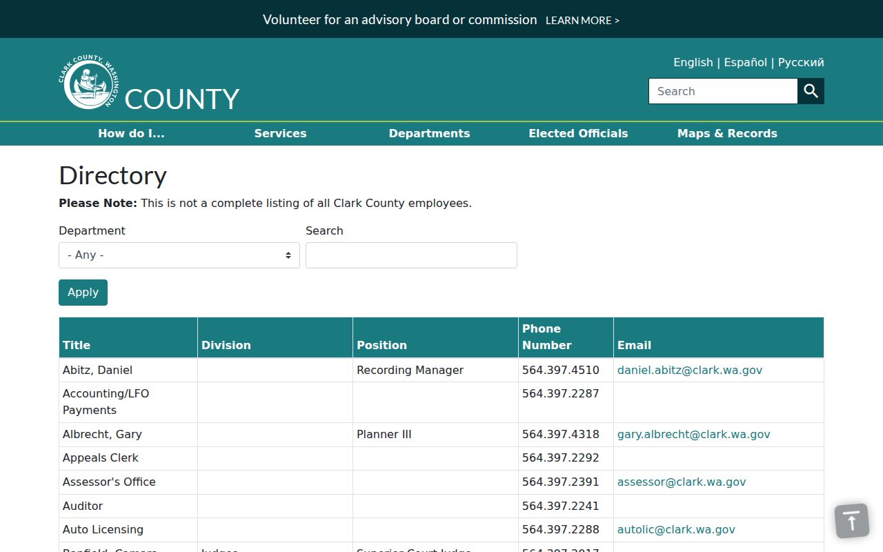 Five Corners people directories view of the Clark County employee directory