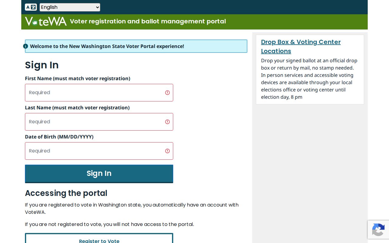 Five Corners voter registration records lookup fields in VoteWA